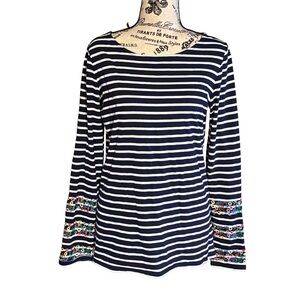 Boden Striped Floral Embroidered‎ Long Sleeve Top Size 8 Preppy Dainty Nautical